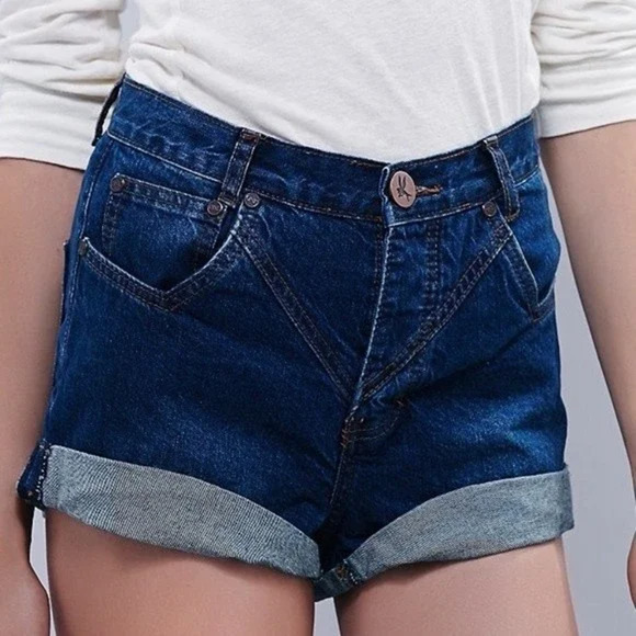 Free People x One Teaspoon Shorts 24 Blue Denim Hawks High Rise Cuffed - Picture 3 of 13